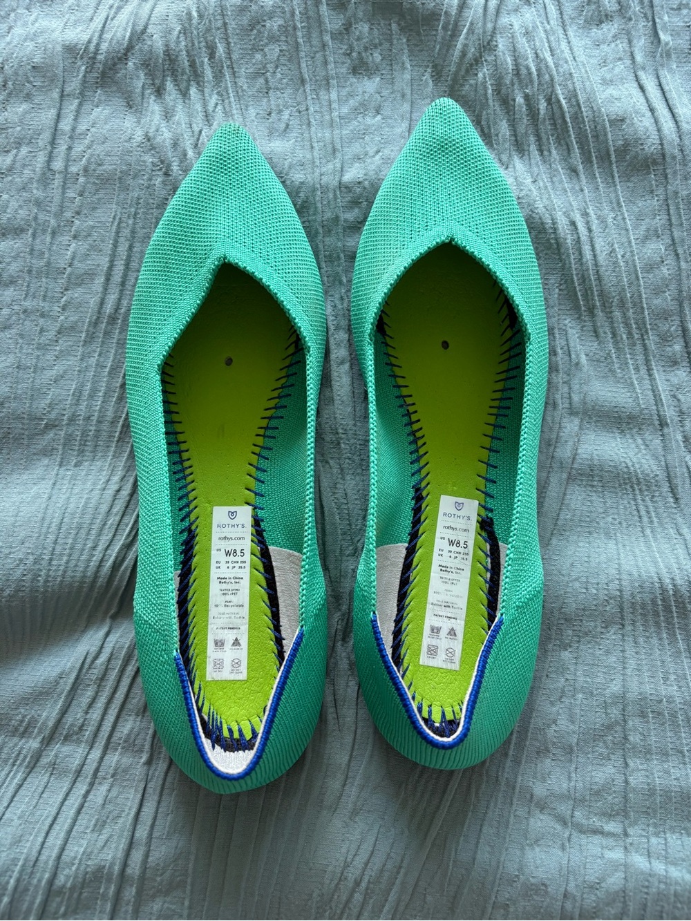 Rothy's Pointed Knit Flats in Aqua Green with Blue Trim